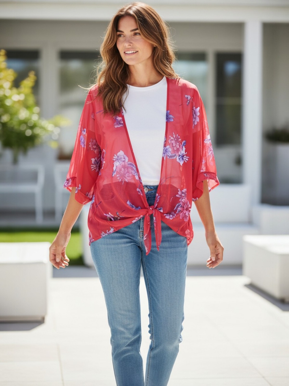 Live 4 Truth Red Floral Sheer Tie-Front Kimono Blouse